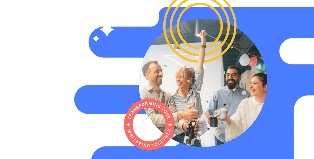 Banner celebrating 20 years of service with the text 'Celebrate with us!', and two women having a conversation.